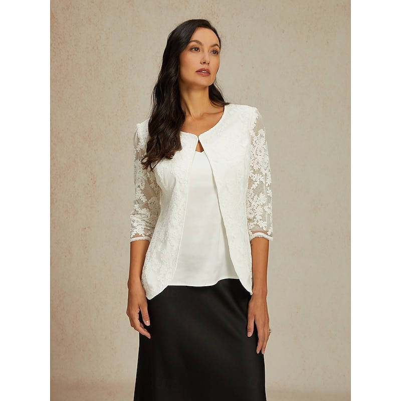 Women's Lace Jacket Blazer Mesh Elegant 3/4 Length Sleeve Crew Neck Regular Tops Wedding Guest Work Daily Lace White Spring Fall4