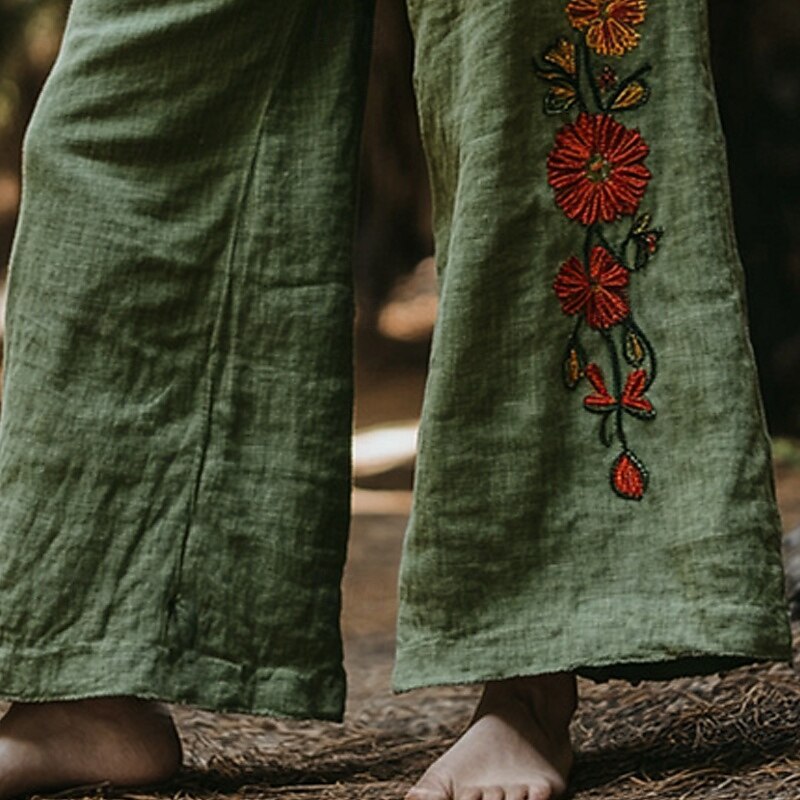 Women's Wide Leg Pants Trousers Palazzo Pants Fashion Boho Full Length High Waist Flower Elastic Waist Drawstring Print Breathability Comfortable Street Daily Wear Going out Army Green Spring Fall3