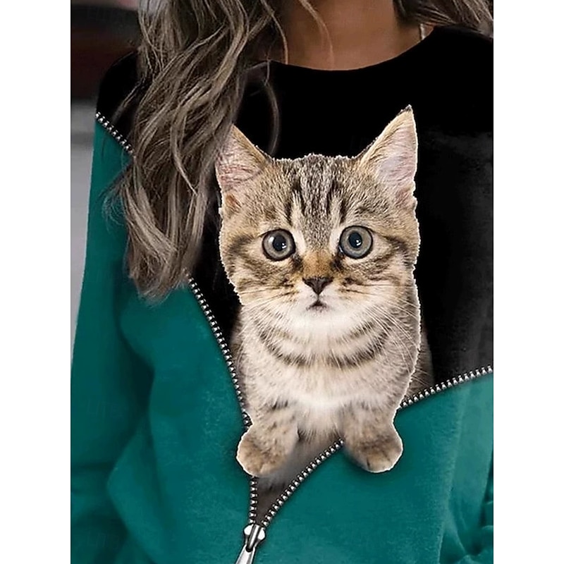 Women's Pullover Sweatshirt Hoodies Graphic Animal Cat Fashion Casual Long Sleeve Crew Neck Round Neck Regular Tops Street Dailywear Print Dark Green Spring Fall Winter2