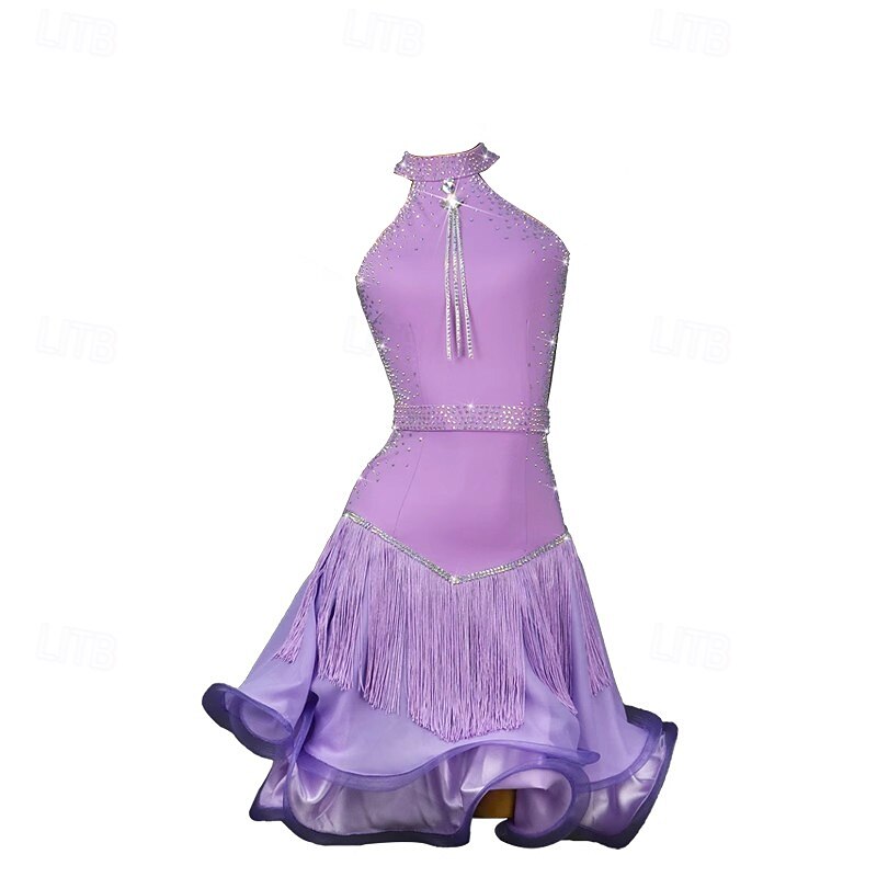 Latin Salsa Dance Dress Crystal / Rhinestone Tassel Pure Color Women's Performance Party Sleeveless Nylon3