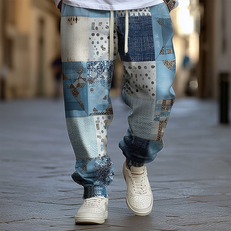 Men's Geometric Color Block Patchwork Sweatpants Joggers Trousers Mid Waist Drawstring Elastic Waist Ethnic Vintage Retro Jogging Streetwear Workout Athletic Sweatpants with Pockets Spring Fall 3D