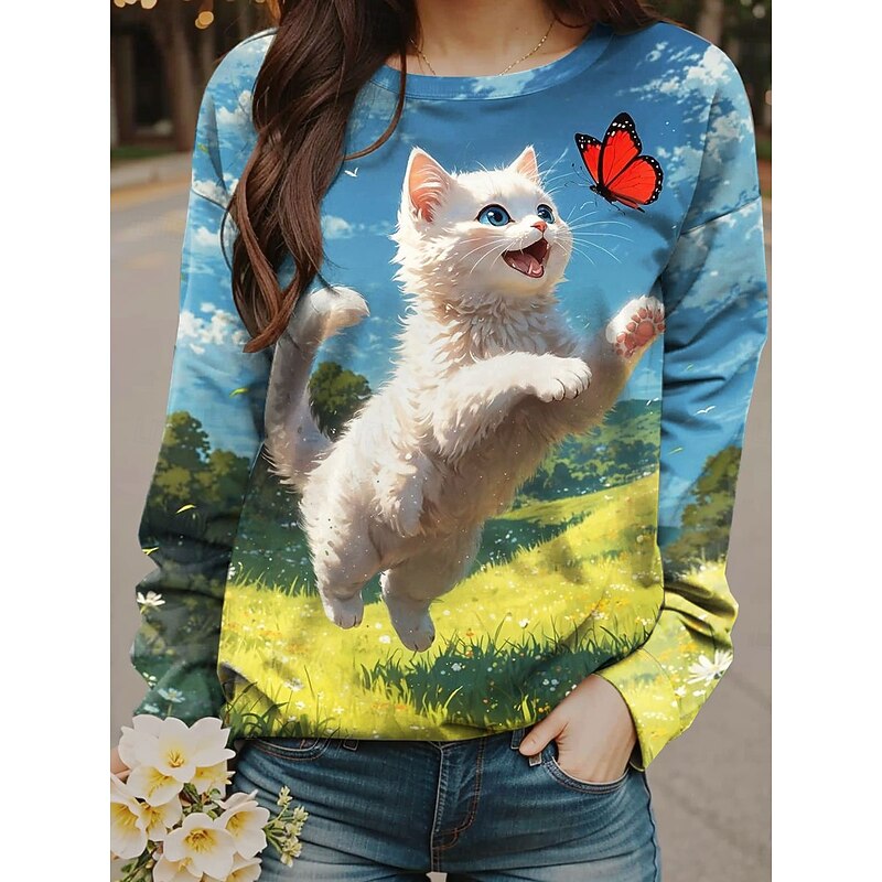 Women's Sweatshirts Graphic Animal Casual Long Sleeve Crew Neck Regular Tops Street Dailywear Print Yellow Blue Orange Green Fall Winter2