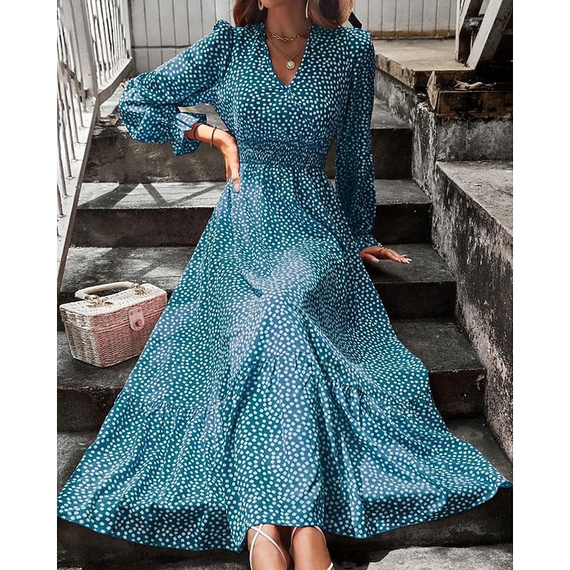 Women's Long Dress Maxi Dress Casual Dress Print Dress Fashion Modern Daily Beach Weekend Regular Fit Flower Long Sleeve V Neck Black Red Blue Green Summer Spring Fall4