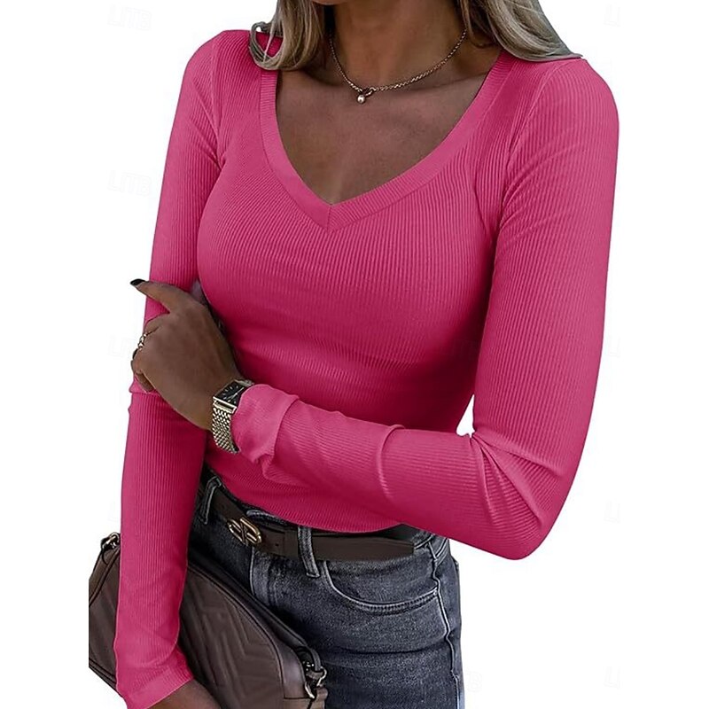 Women's Blouse Solid Color Stylish Basic Casual Long Sleeve V Neck Regular Tops Daily Black White Red Blue Fuchsia Summer Spring