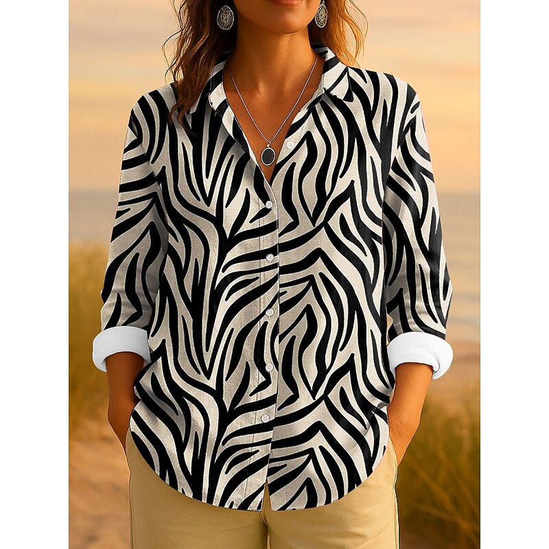 Women's Shirt Button Down Tunic Shirt Collar Long Sleeve Graphic Geometric Striped Vintage Tropical Daily Regular Tops Work Daily s Print Blue Purple Green Khaki Spring