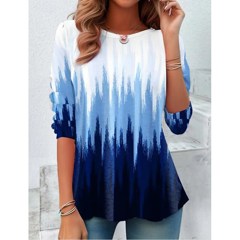 Women's T shirt Long Sleeve Crew Neck Long Sleeve Tunic Graphic Geometric Striped Vintage Stylish Round Neck Regular Tops Daily Print Black White Pink Blue Brown Fall Prefall3