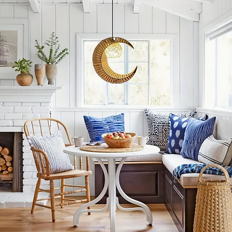 Country Vintage Crescent Moon Pendant Light, Metal Braided Rope Material, 40cm Height, Warm White/White Light, E26 E27, Adjustable Chain2