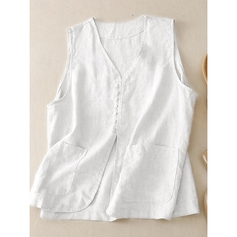 Women's Vest Comfortable Breathable Pocket Buttons Casual Plain Vacation Street Casual Daily Wear Single Breasted Short V Neck Regular Fit Sleeveless Outerwear White Khaki Beige Summer Spring4