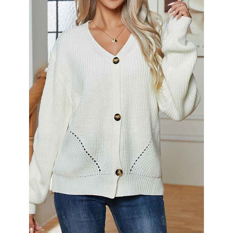 Women's Cardigan Casual Solid Color Chunky V Neck Knitted Long Sleeve Regular Tops Knit Daily Holiday Going out Beige Fall Winter4