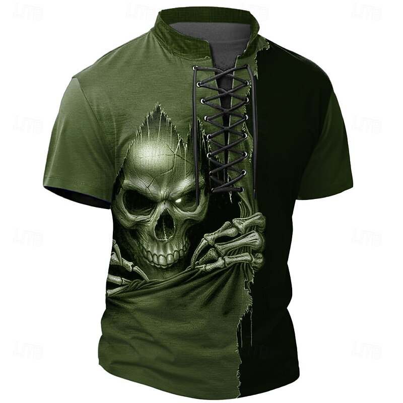 Halloween Men's Grim Reaper Reaper Henley Shirt T shirt Tee Short Sleeve T shirt 3D Print Crew Neck Stand Collar Lace Up Neck Shirt Casual Street Sports Outdoor Casual Black Blue Brown Summer Spring4