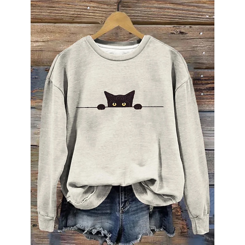 Halloween Women's Pullover Sweatshirt Black Cat Graphic Animal Cat Fashion Casual Long Sleeve Crew Neck Regular Tops Street Dailywear Casual Print White Pink Orange Beige Gray Fall Winter3