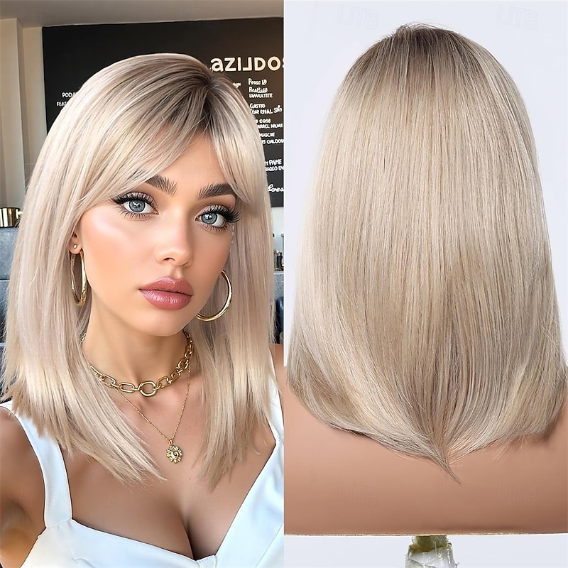 Blonde Wig Short Ombre Bob Wig With Curtain Bangs 14 inch Straight Bob Bangs Wig for Women Natural Looking Heat Resistant Synthetic Wigsfor Daily Use