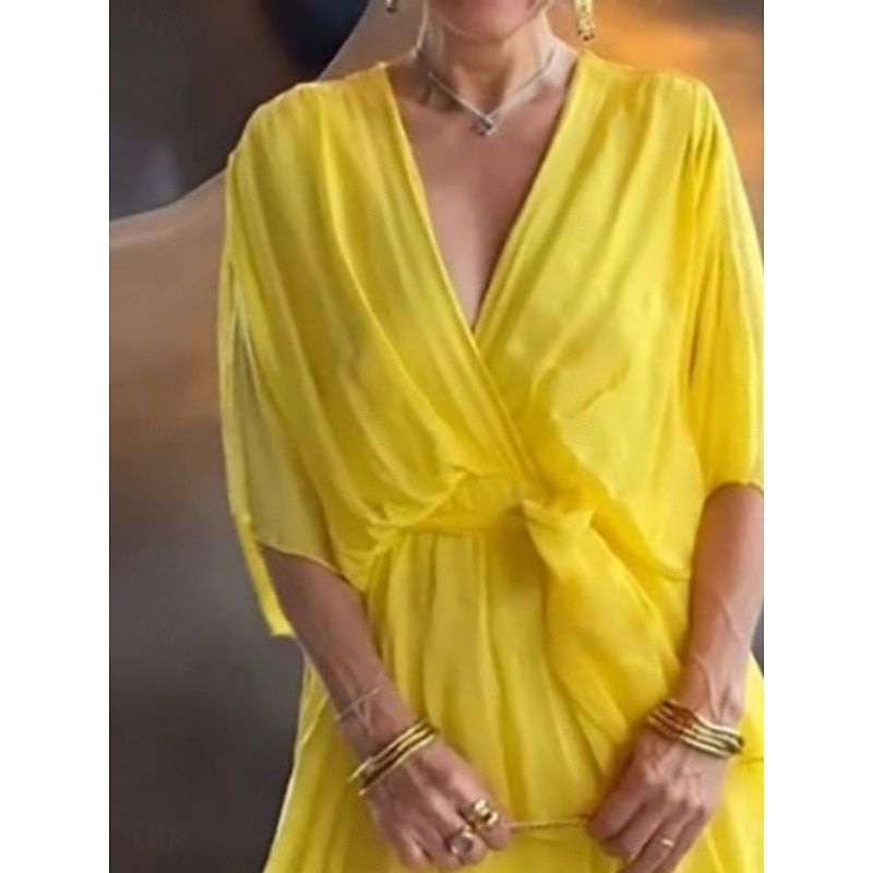 Women's Mini Dress Cocktail Dress Wedding Guest Dress Chiffon Fashion Modern Outdoor Vacation Regular Fit Plain 3/4 Length Sleeve V Neck Yellow Summer Spring Fall Autumn2