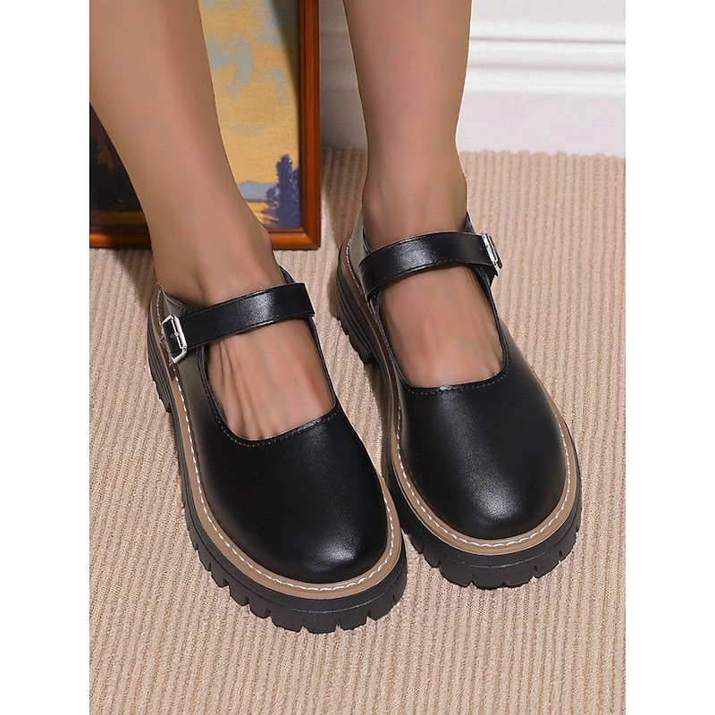 Women's Black Chunky Mary Jane Flats with Buckle Strap - Faux Leather Platform Shoes for Teens and Ladies, Ideal for School, Streetwear, and Autumn Outfits