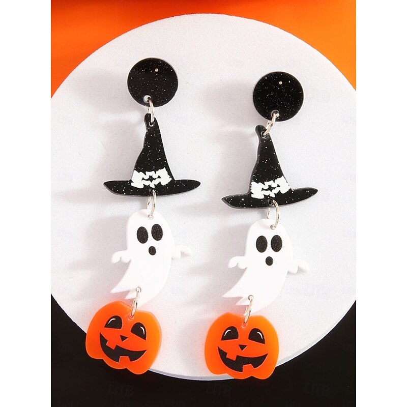Women's Halloween Acrylic Earrings Set - Lightweight Ghost, Pumpkin, Witch Hat & Skeleton Designs for Teens and Adults, Perfect for Halloween Costumes and Party Accessories3