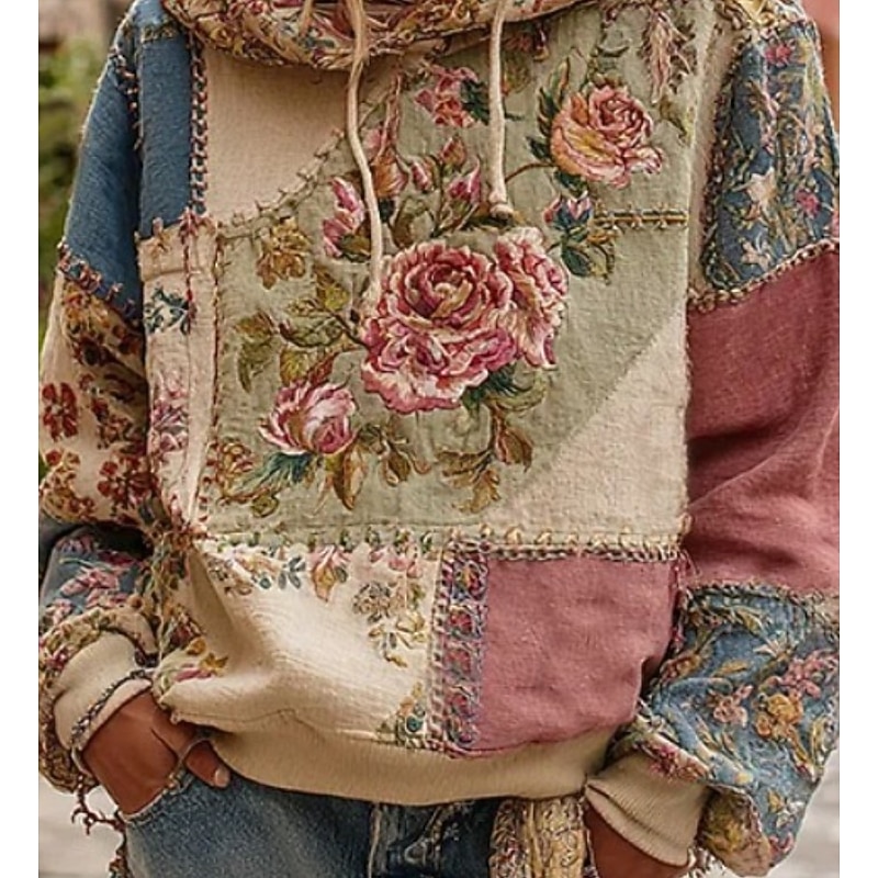 Women's 3D Print Vintage Boho Hoodie Patchwork Hoodie Sweatshirt Floral Pullover Sweatshirt Oversized Warm Active Hooded Street Dailywear Patchwork Black White Yellow Dark Pink Spring Fall Winter4
