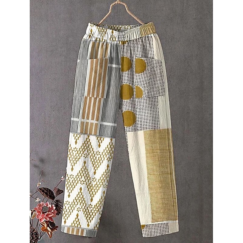 Women's Slacks Vacation Vintage Ethnic Style Ankle-Length High Waist Geometric Striped Abstract Pocket Comfy Breathability Lightweight Inelastic Outdoor Vacation Causal Yellow Khaki Summer Spring