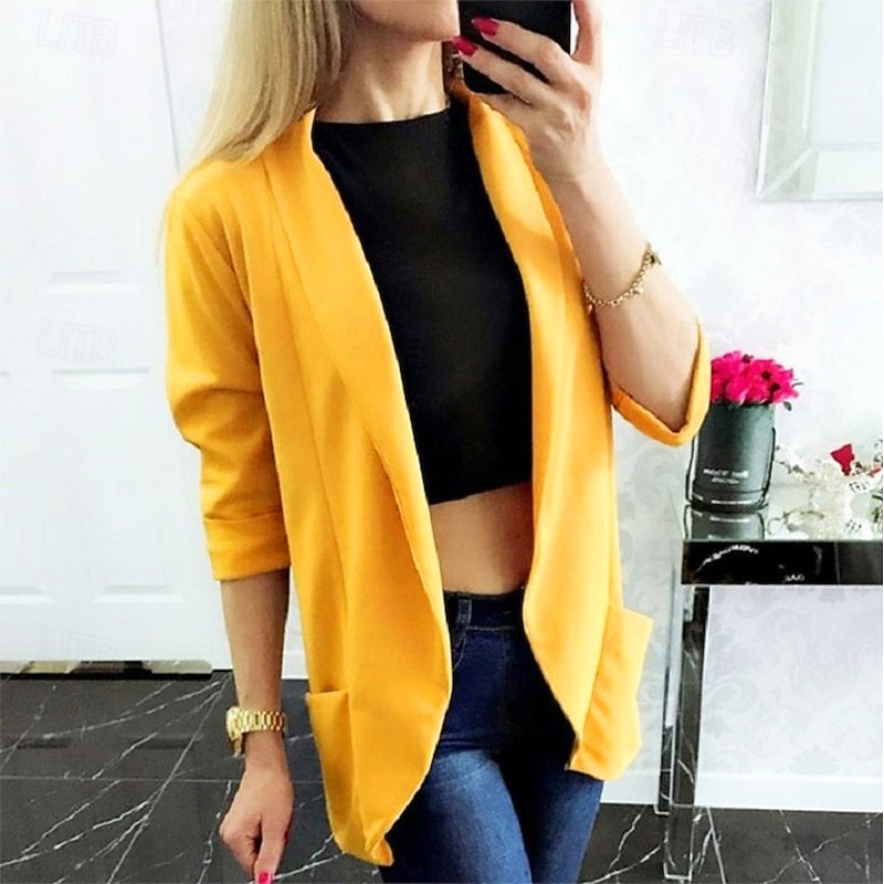 Women's Blazer Comfortable Breathable Pocket Fashion Modern Plain Work Daily Regular Turndown Regular Fit Long Sleeve Outerwear Yellow Khaki Spring Fall