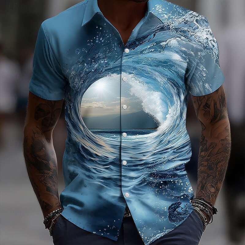 Men's Optical Illusion Ocean Waves Summer Hawaiian Shirt Button Up Shirt Aloha Shirt Short Sleeve Hawaiian Vacation Beach Wear Summer Spring Turndown 3D Print Collared Shirts Blue 2# Blue 1# Blue2