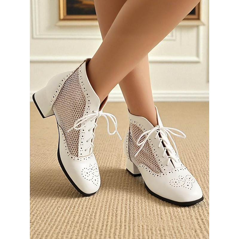 Women's Edwardian 1910s White Mesh Oxford Boots  - Vintage Lace-Up Dance Shoes with Cutout Design and Chunky Heels for Summer Jazz Parties and Retro Costumes - Main Image