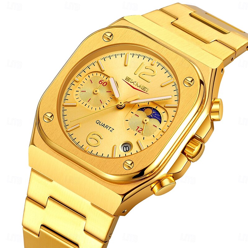 SKMEI Women Men Quartz Watch Luxury Outdoor Fashion Business Moon phase Luminous Calendar Chronograph Stainless Steel Strap Watch2