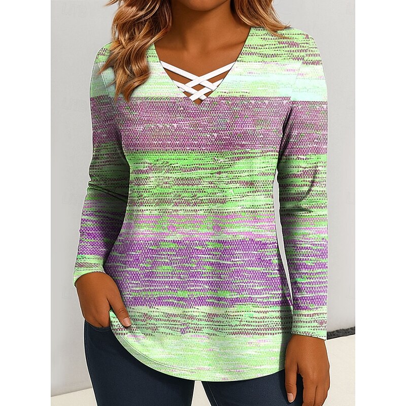 Women's T Shirt Graphic Geometric Vintage Stylish Classic Long Sleeve V Neck Regular Tops Daily Cut Out Print Pink Blue Purple Green Spring Fall4