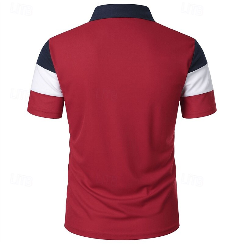 Men's Golf Shirt Golf Polos Shirts Work Casual Lapel Short Sleeve Basic Modern Color Block National Flag Patchwork Buttons Summer Spring Regular Fit Navy Blue Golf Shirt4