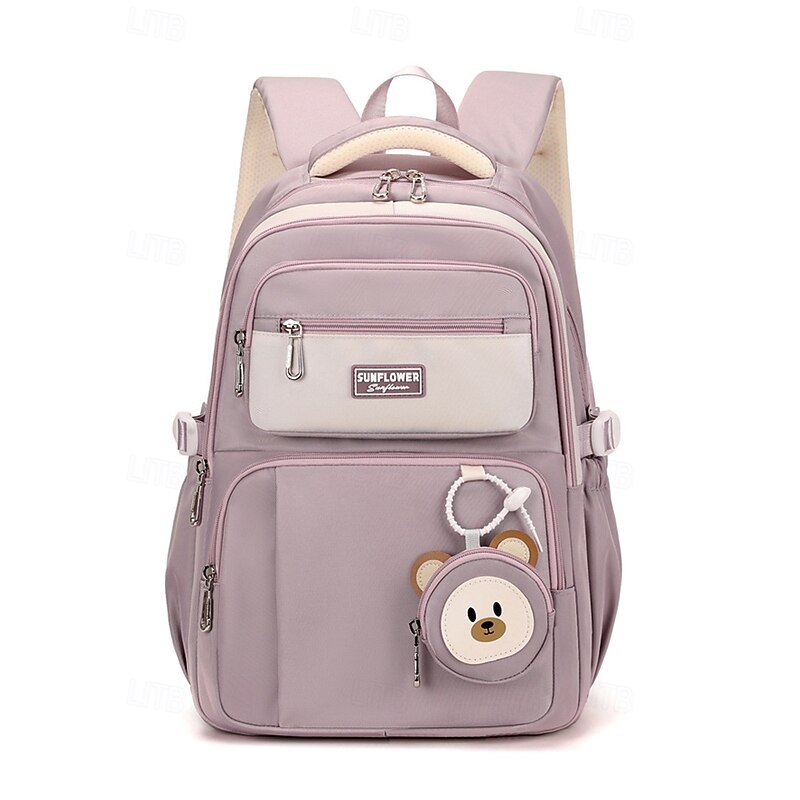 Teen Waterproof Backpack with Trolley Sleeve – Multi-Pocket School Bag with Bear Pendant, Large Capacity, Lightweight Design for Travel, Middle and High School