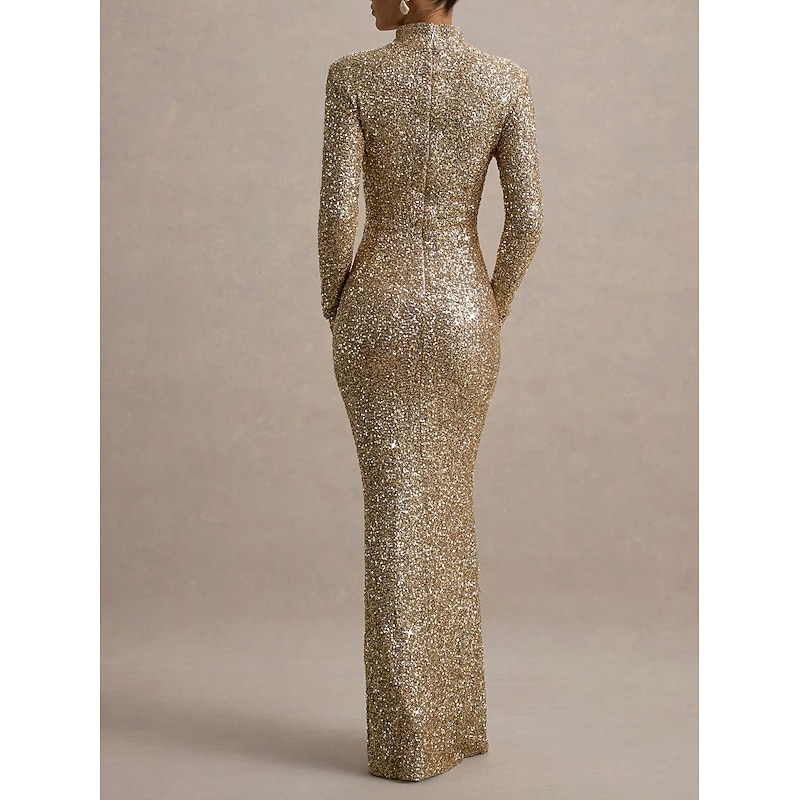 Gold Stretch Sequin Mermaid / Trumpet Evening Gown Elegant Dress Formal Wedding Floor Length Long Sleeve Mock Neck with Glitter3