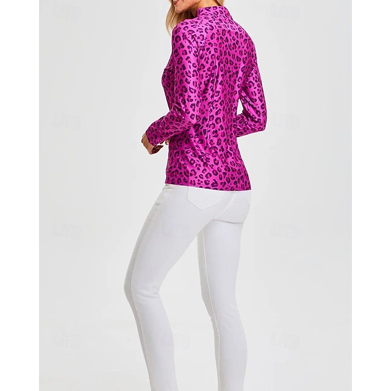 Women's Leopard Golf Polo Shirt Tennis Shirt Long Sleeve Print Quarter Zip Pullover UV Protection Elastic Breathable Tennis Golf Pickleball Zip Collar Shirt Polo Pink Tennis Clothing2