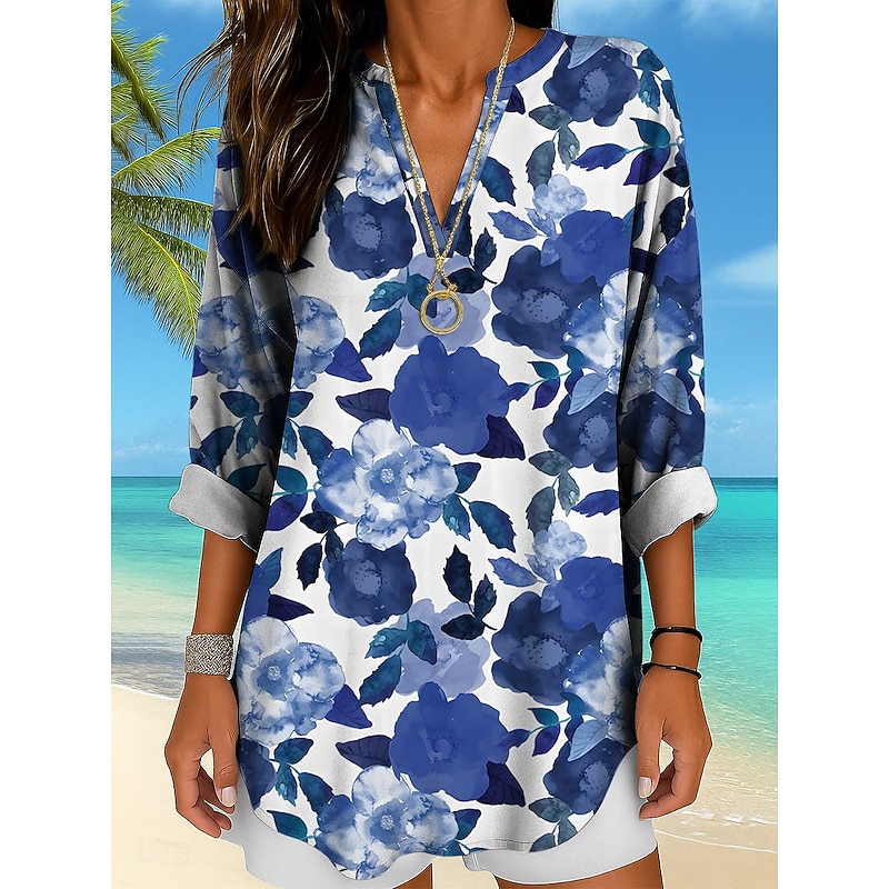 Women's Blouse Tunic V Neck Long Sleeve Boho Casual Floral Graphic Vintage Tropical Regular Tops Daily Wear Print Yellow Red Blue Purple Green