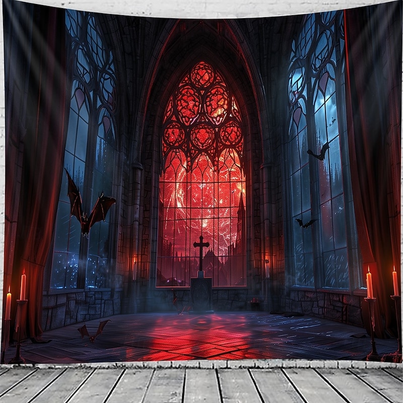 Halloween Gothic Cathedral Wall Tapestry – Red Stained Glass Window Scene with Dark Ambiance, Horror Backdrop for 2025 Halloween Living Room, Bedroom, Haunted House Decoration2