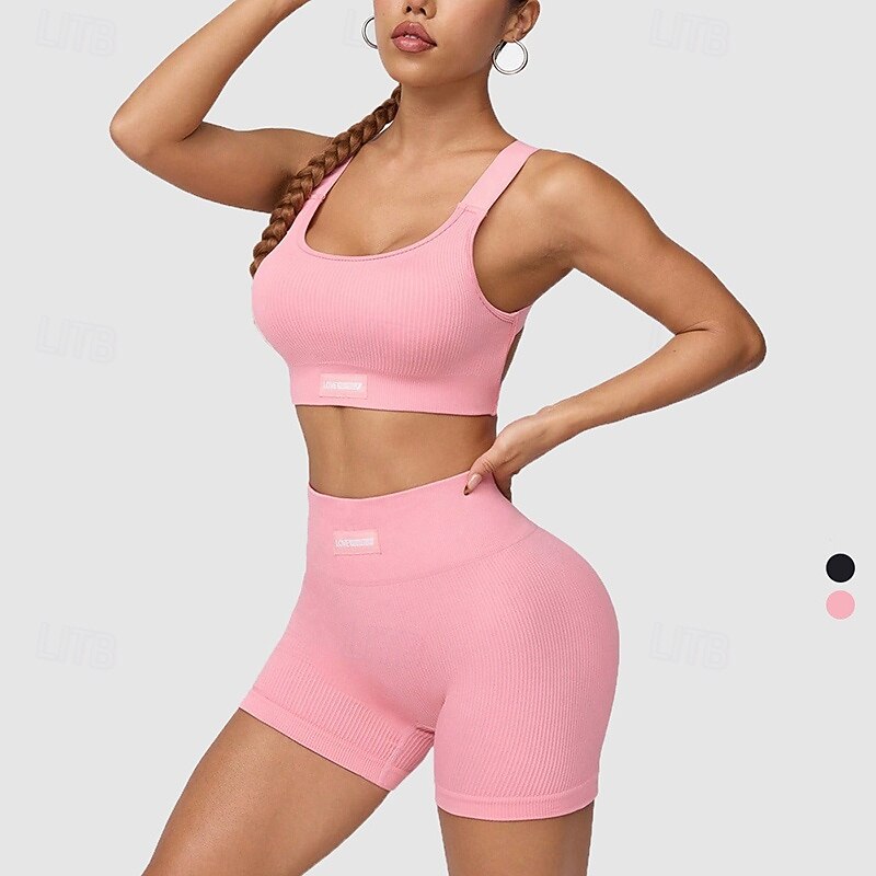 Women's 2 Pieces Sports Bras Workout Sets Yoga Outfits Padded Solid Color Clothing Suit Black Pink Gym Workout Volleyball Running High Waist Stretchy Breathable Sport Activewear Tight Fit4