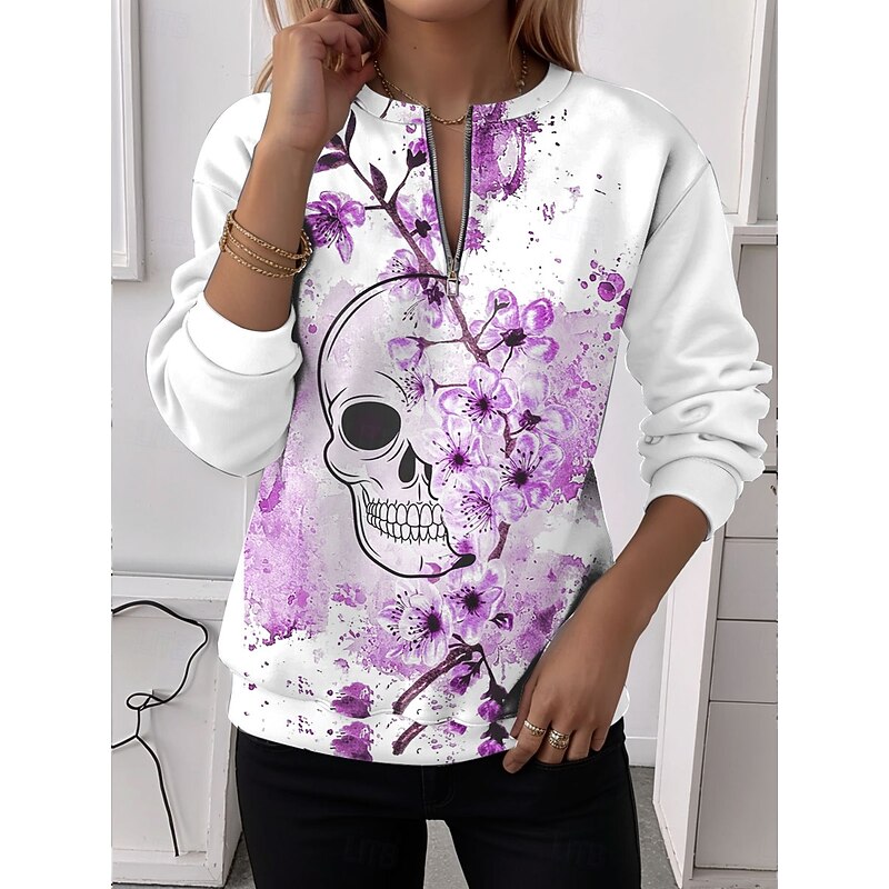 Women's Quarter Zipper Sweater Floral Graphic Skull Casual Long Sleeve Crew Neck Regular Tops Street Dailywear Half Print Pink Blue Purple Green Fall Winter3