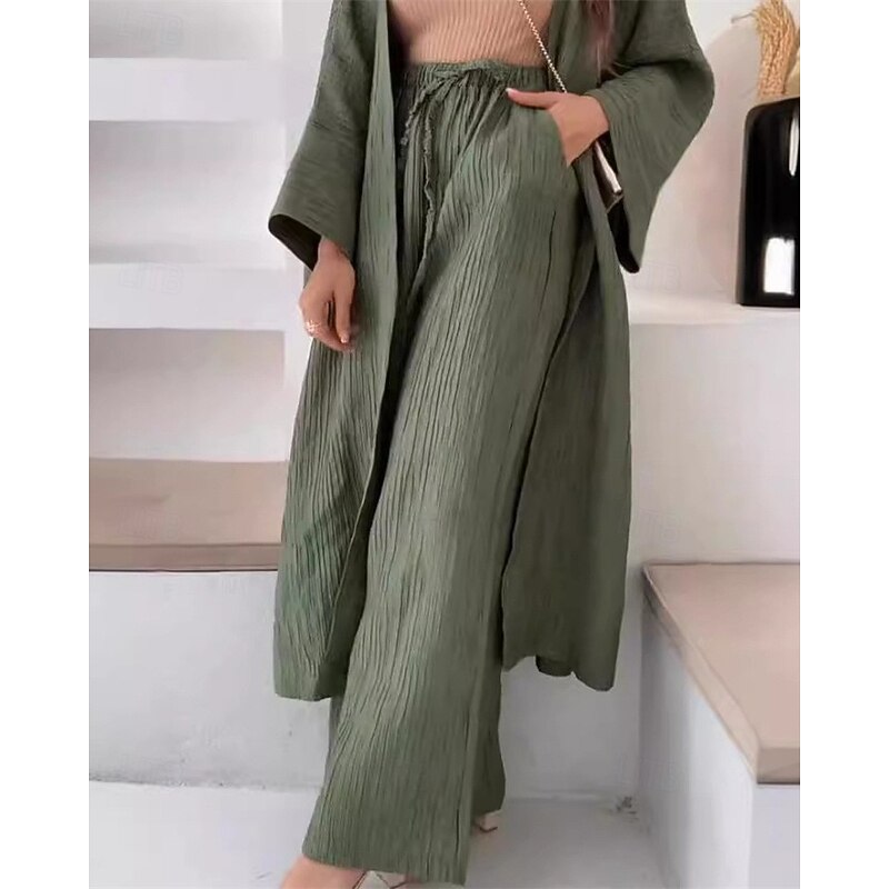 Women's Fashion Streetwear Pants Sets Long Sleeve Bell Sleeve V Neck Plain Daily Wear Date Brown Green Khaki Summer Regular Fit3