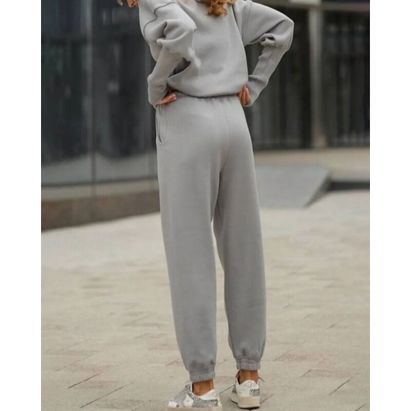 Women's Active Fashion Blouse Pants Sets Long Sleeve Shirt Collar Solid Color Zipper Drawstring Outdoor Vacation Black White Brown Fall Regular Fit3