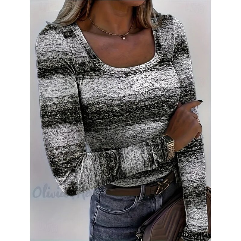 Women's T shirt Long Sleeve Ribbed Graphic Square Neck Long Sleeve Casual Tunic Ombre Geometric Vintage Stylish Regular Tops Daily Print Pink Green Khaki Gray Spring Fall Prefall