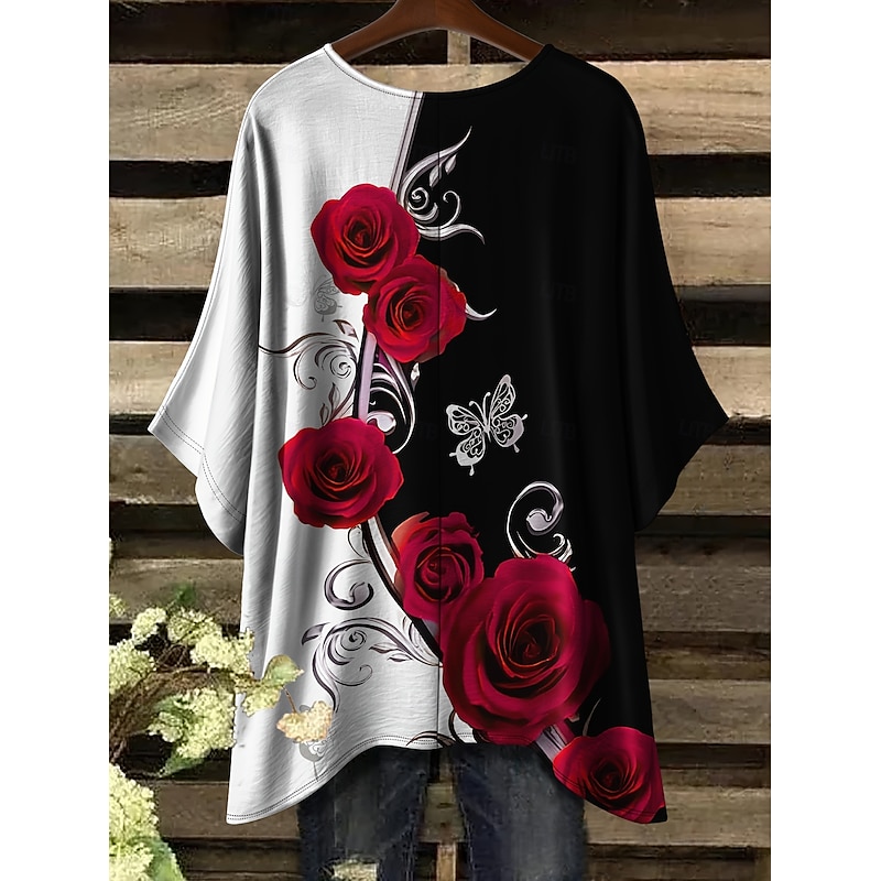 Women's Blouse Floral Graphic Elegant Vintage Daily Half Sleeve Batwing Sleeve Crew Neck Regular Tops Daily Holiday Vacation Wear Black Pink Red Purple Summer Spring2