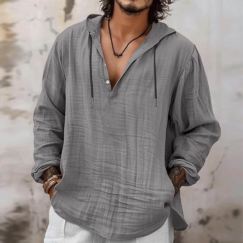 Men's Shirt Linen Shirt Viking Style Summer Shirt Beach Wear Hooded Shirt Solid Color Vacation Street Navy Blue Sky Blue Orange Khaki Long Sleeve Hooded Summer Spring Clothing Apparel Drawstring3