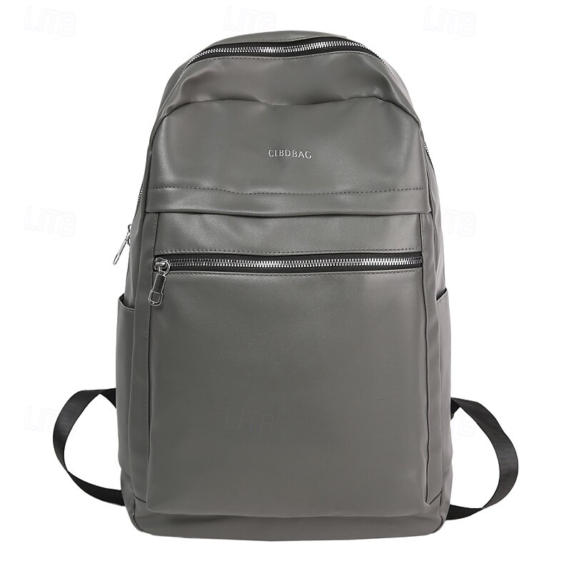 Men's Grey Faux Leather Backpack – Minimalist Laptop Bag with Front Zipper Pocket for School, Work & Daily Commute