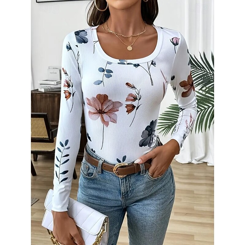 Women's T shirt Long Sleeve Ribbed Graphic Square Neck Long Sleeve Casual Floral Plants Classic Regular Tops Daily Print Black White Pink Red Navy Blue Spring Fall Prefall3