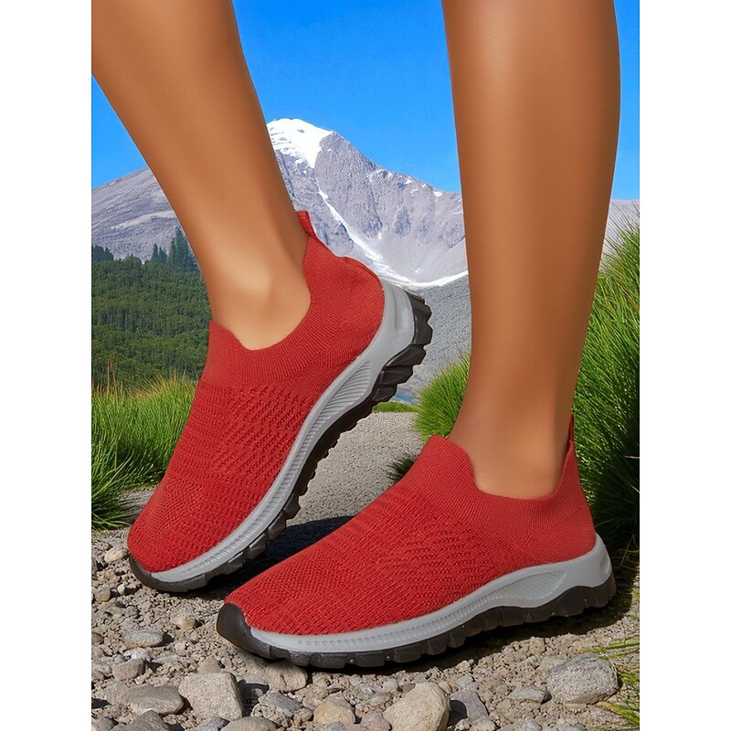 Women's Red Flyknit Slip-On Sneakers – Lightweight Breathable Walking Shoes for Hiking, Travel and Outdoor Adventures2