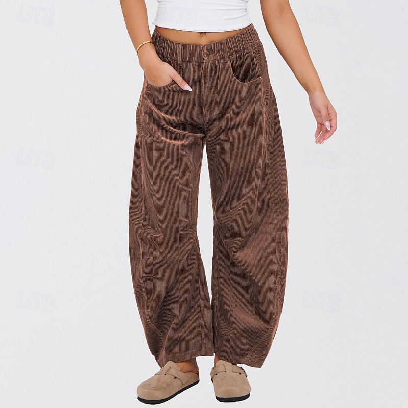Women's Wide Leg Corduroy Pants Slacks Streetwear Casual Full Length Natural Plain Pocket Elastic Waist Comfortable Street Holiday Weekend Dark-Gray Black Pink Dark Green Fall Regular Fit
