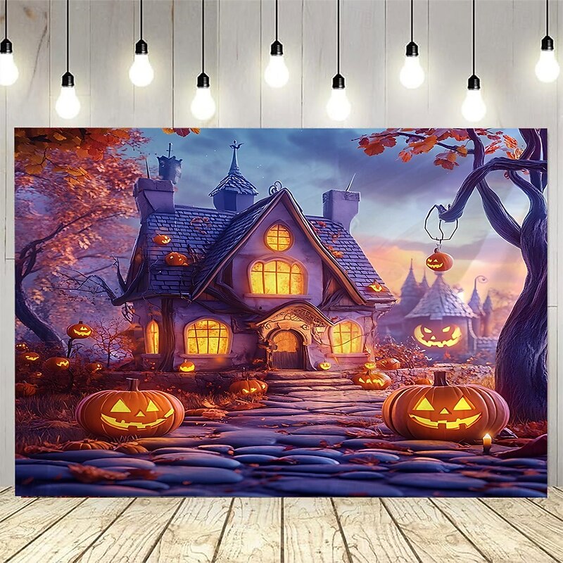 Halloween Pumpkin Lantern Abandoned House at Night Landscape Hanging Tapestry Mural Art Large Tapestry Mural Decoration Photos Background Carpet Curtains Home Bedroom Living Room Decoration