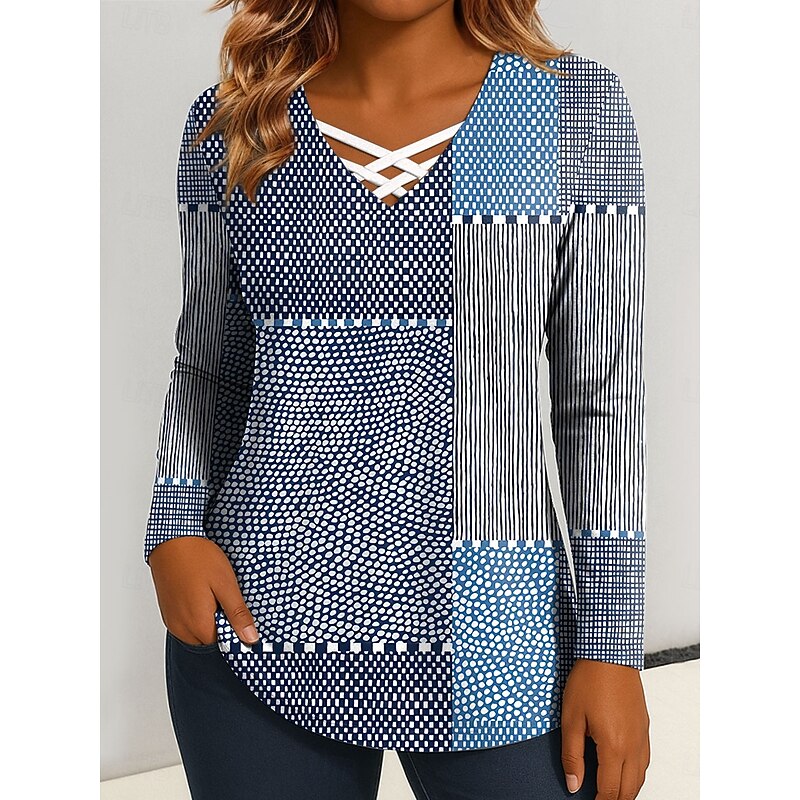 Women's T Shirt Graphic Geometric Vintage Stylish Classic Long Sleeve V Neck Regular Tops Daily Cut Out Print Blue Purple Green Spring Fall