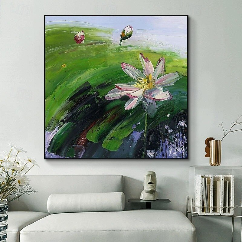 Handmade Oil Painting Canvas Wall Art Decoration Modern Abstract Lotus Flowers for Home Decor Stretched Frame Hanging Painting/Rolled Canvas (No Frame)