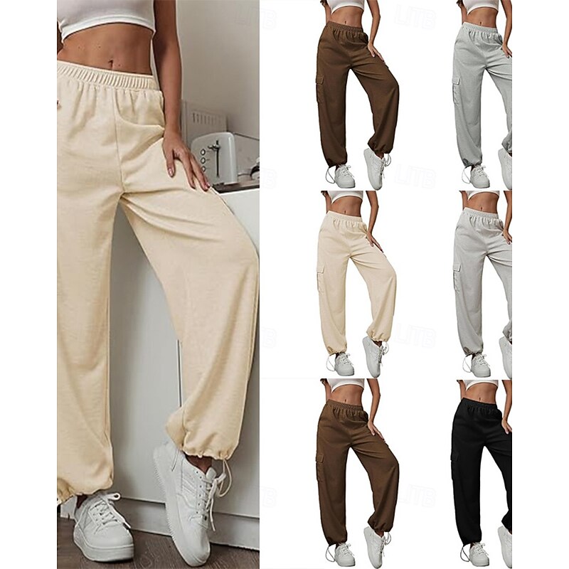 Women's Cargo Pants Slacks Streetwear Casual Full Length Natural Plain Pocket Elastic Waist Comfy Outdoor Vacation Going out Black White Light Grey Coffee Fall Regular Fit