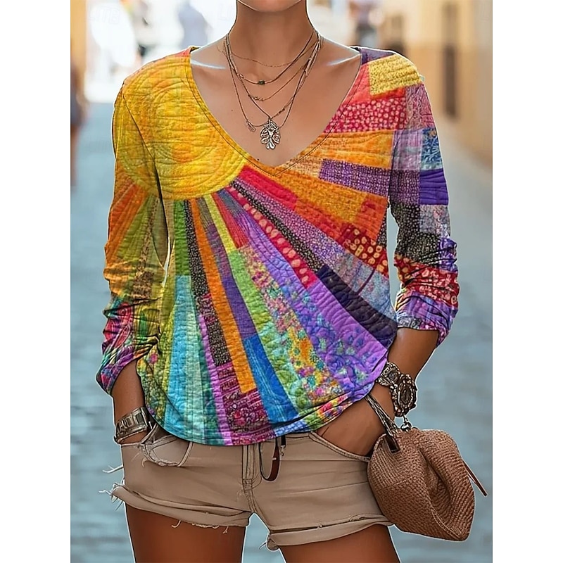 Women's Blouse Tie Dye Flower Bohemia Daily Long Sleeve V Neck Regular Tops Daily Holiday Print Pink Blue Purple Fuchsia Apricot Summer Spring Fall