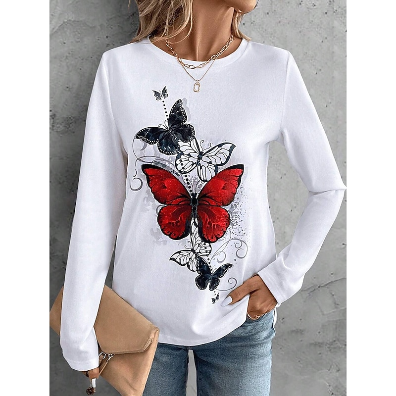 Women's T shirt Crew Neck Long Sleeve Tunic Graphic Butterfly Vintage Casual  Regular Tops Daily Print Red Blue Rainbow Spring Fall3