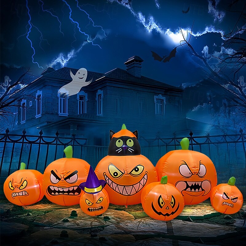 8 FT Long Inflatable Pumpkin with Black Cat, Outdoor Halloween Decor with LED Lights